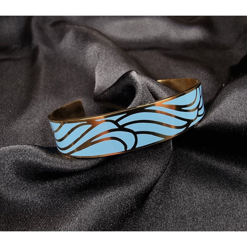 Blue & Gold Wave Patterned Cuff Bracelet With Engraved Inspirational Quote